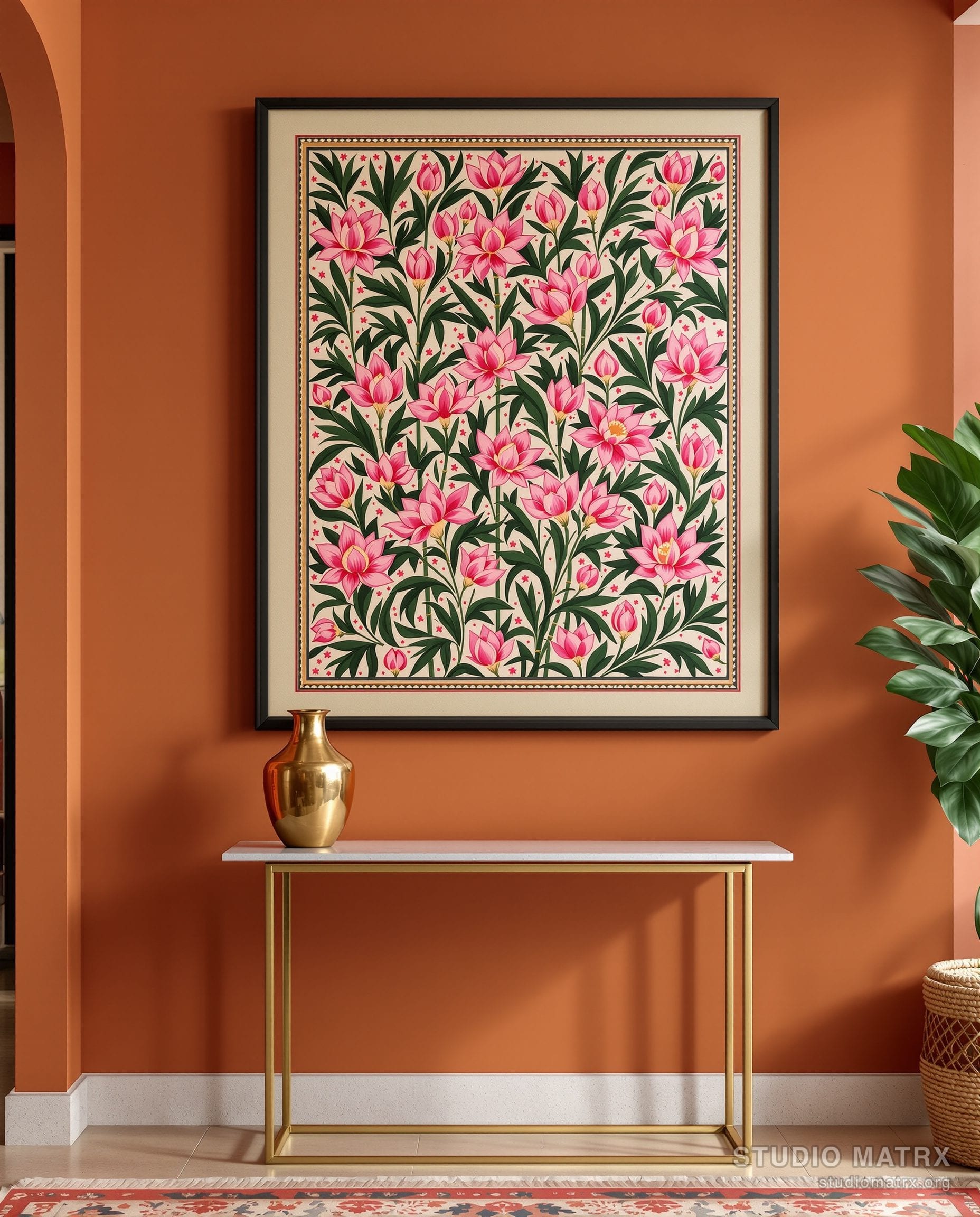 Madhubani Kohbar Lotus — Terracotta Wall