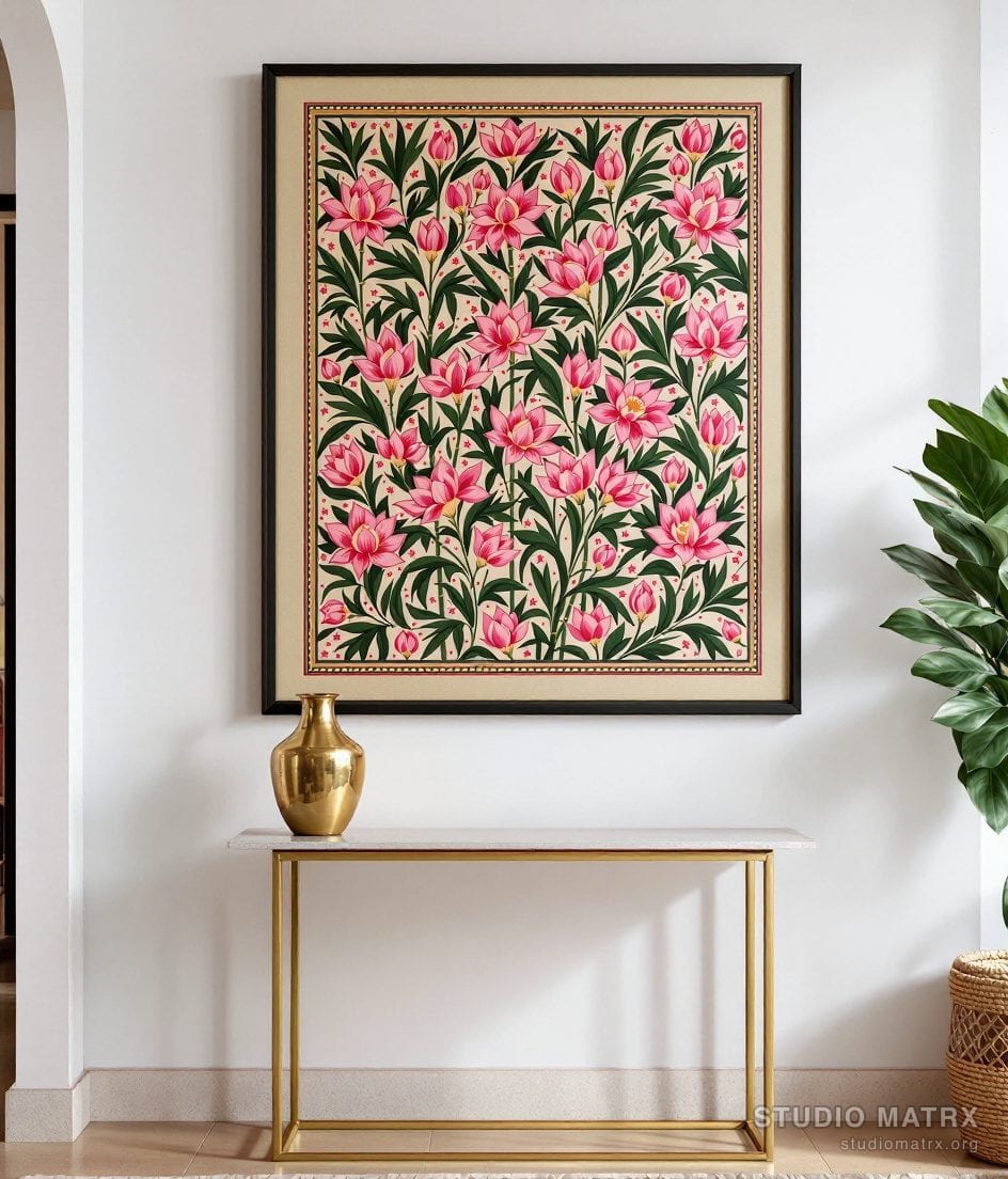 Madhubani Kohbar Lotus — Warm White Wall