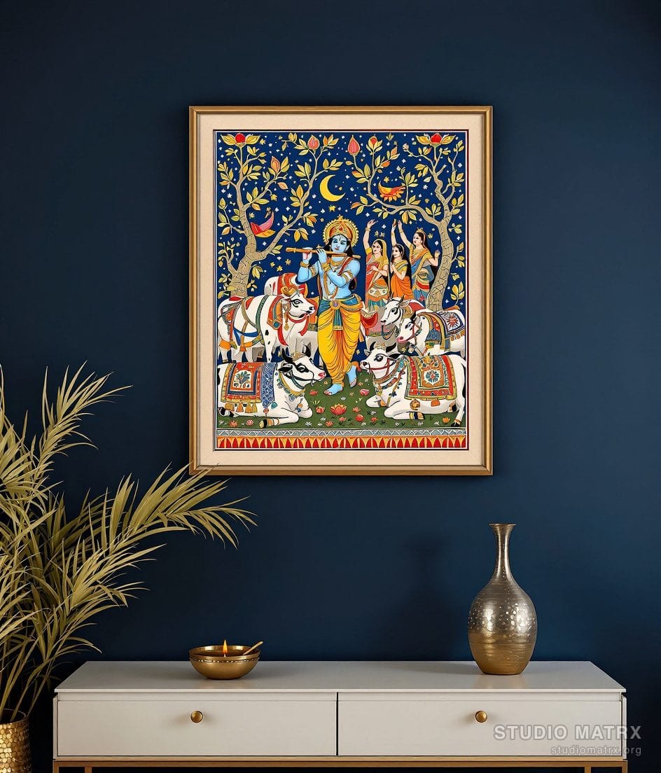 Madhubani Krishna With Flute — Charcoal Wall