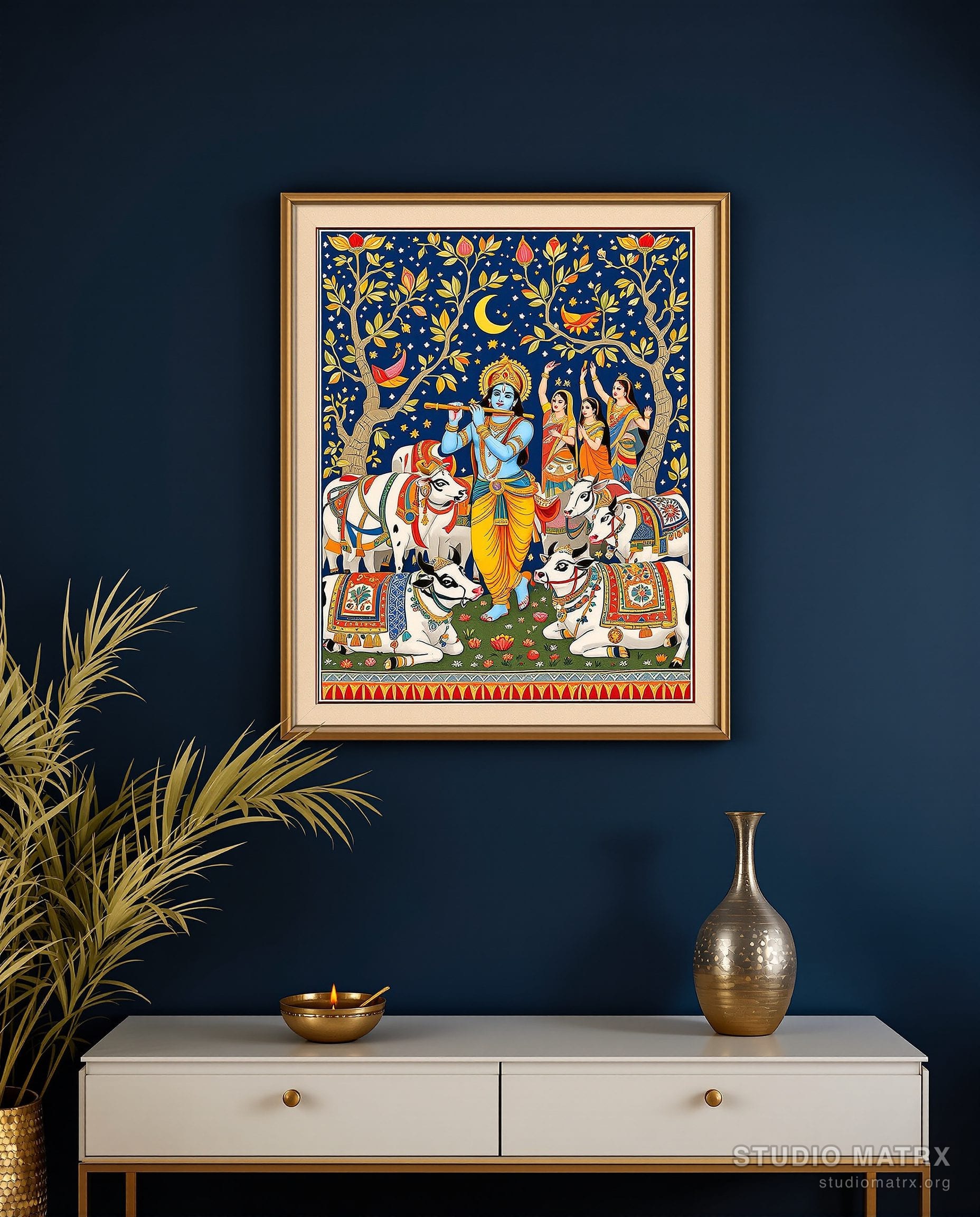 Madhubani Krishna With Flute — Navy Wall