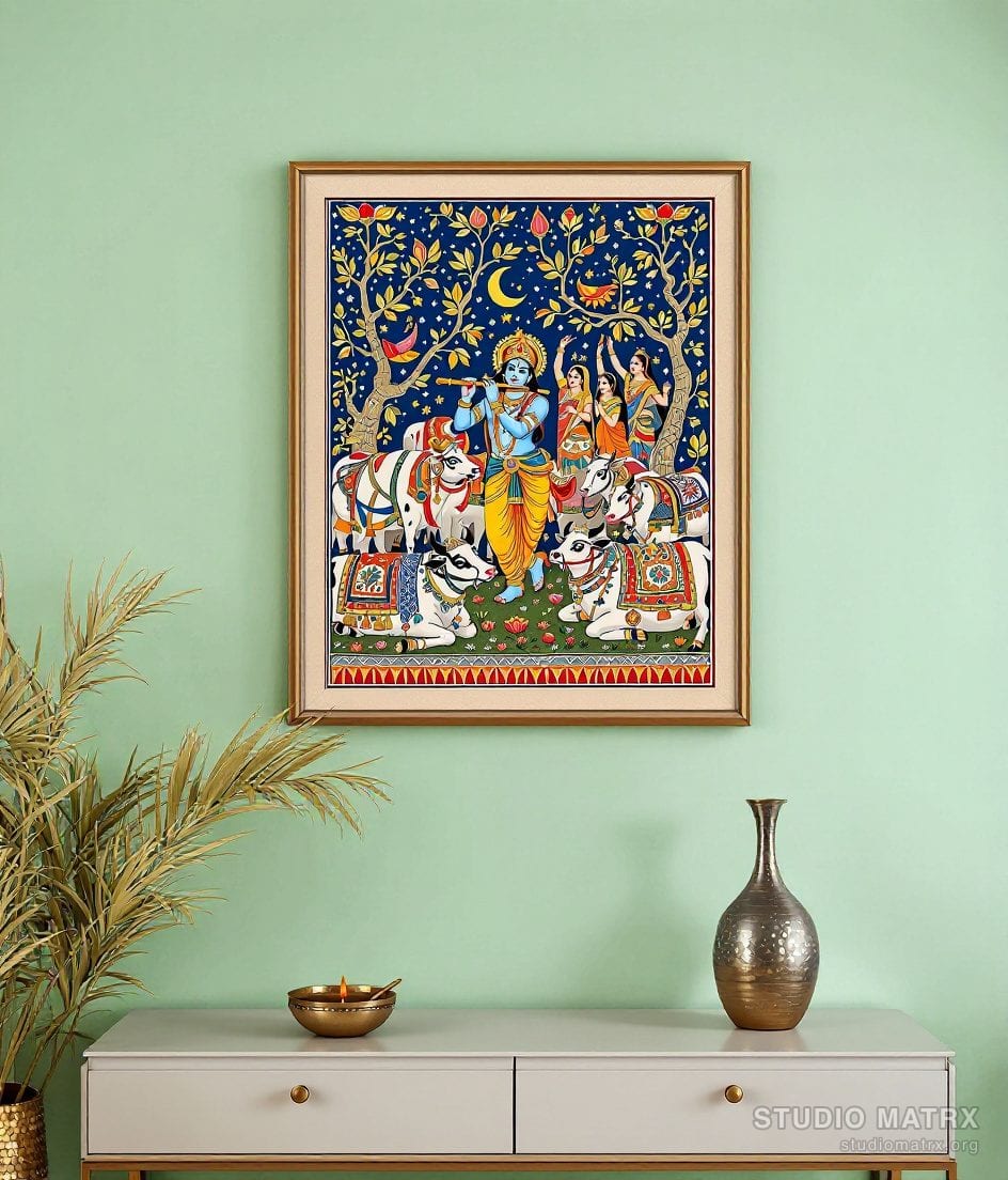 Madhubani Krishna With Flute — Sage Wall