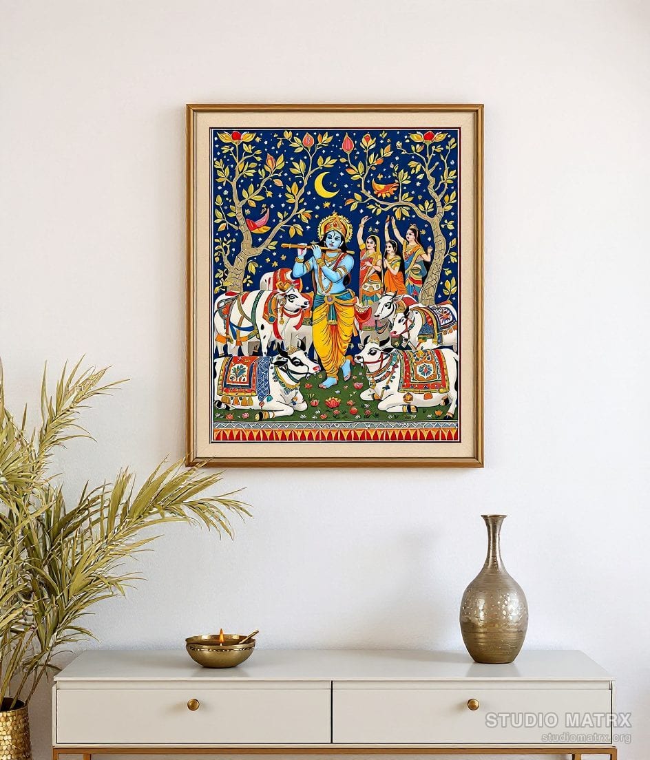 Madhubani Krishna With Flute — Warm White Wall