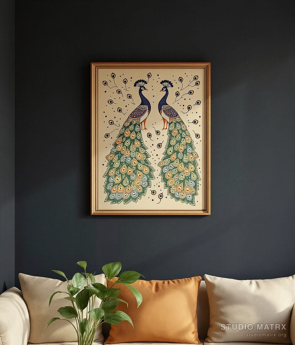 Madhubani Peacock Pair — Charcoal Wall