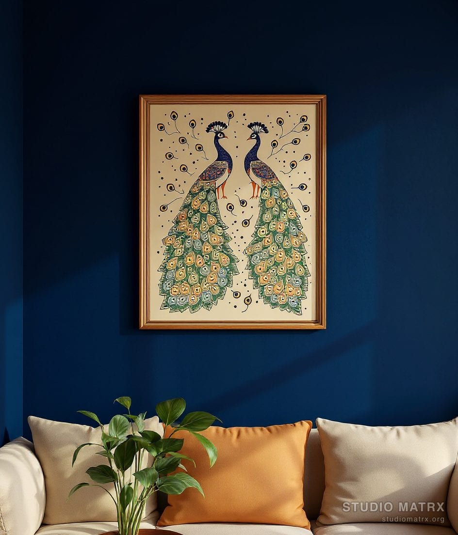 Madhubani Peacock Pair — Navy Wall
