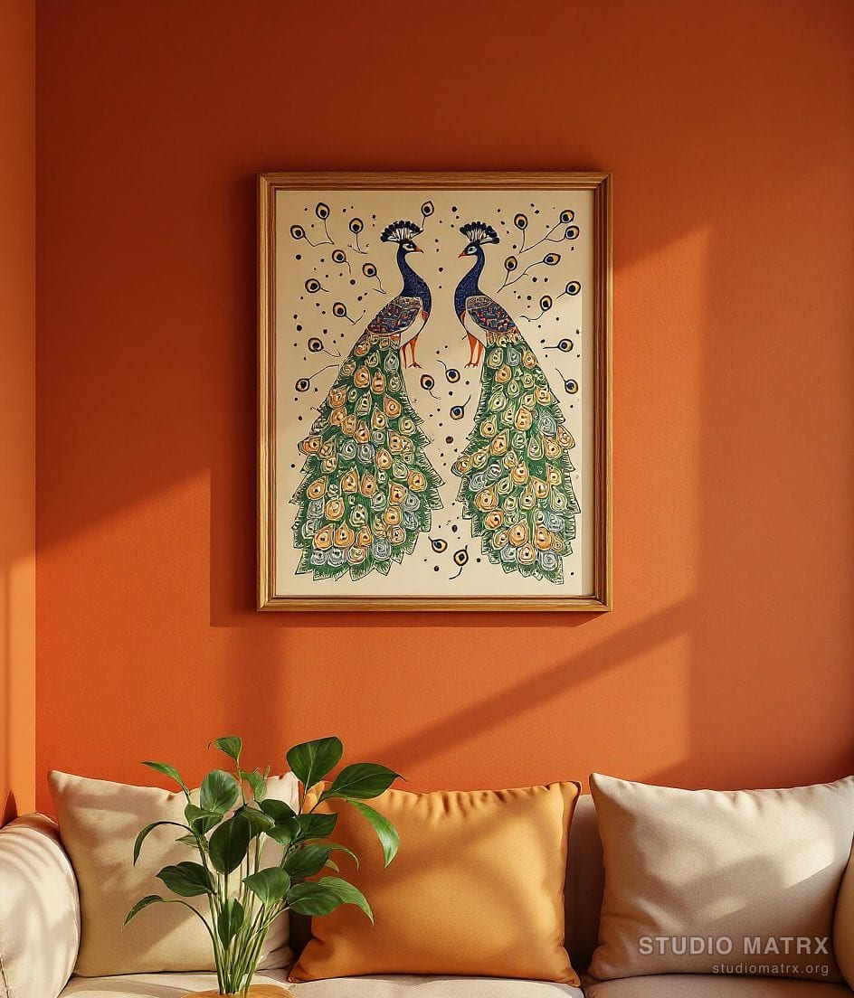 Madhubani Peacock Pair — Terracotta Wall