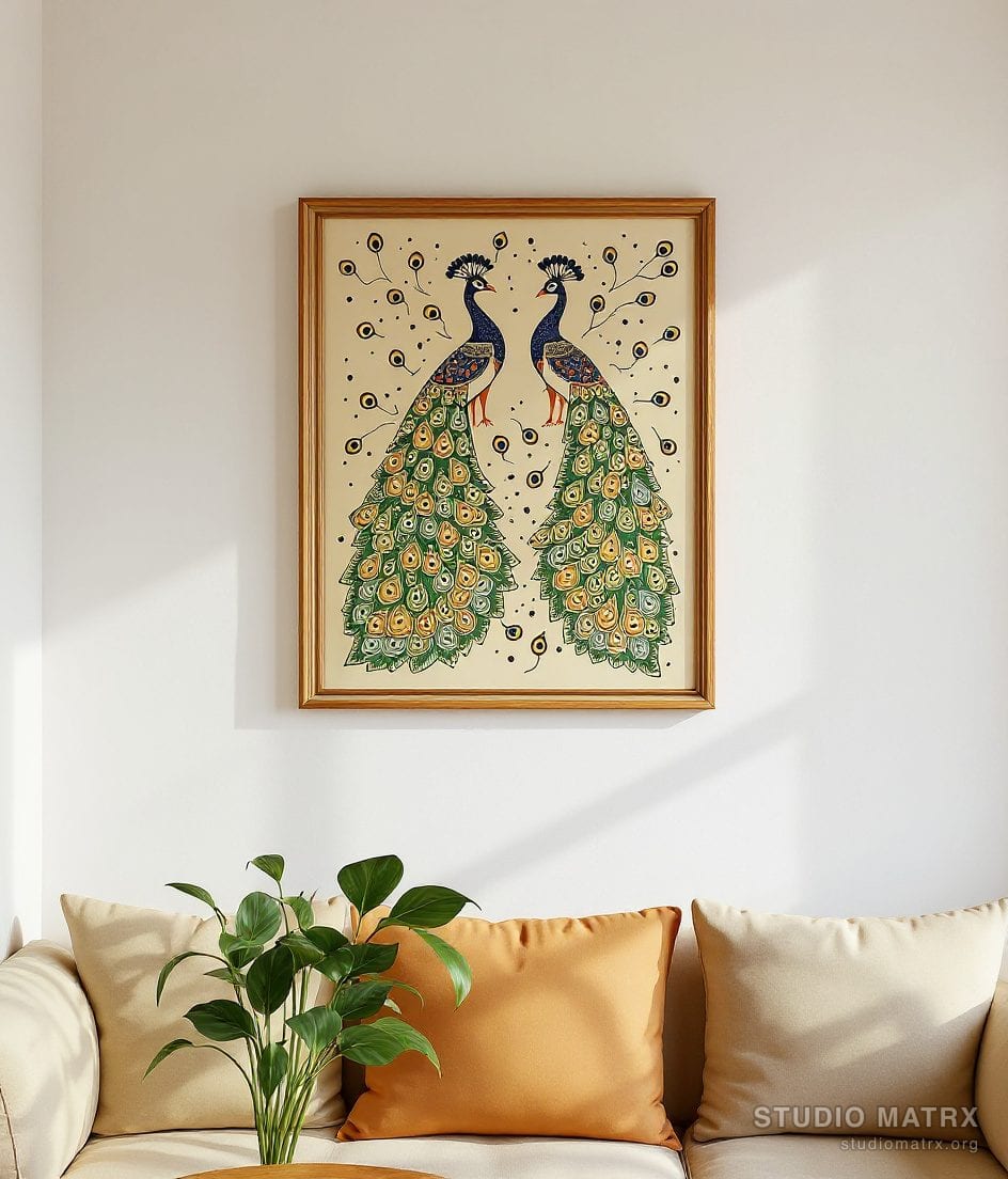 Madhubani Peacock Pair — Warm White Wall