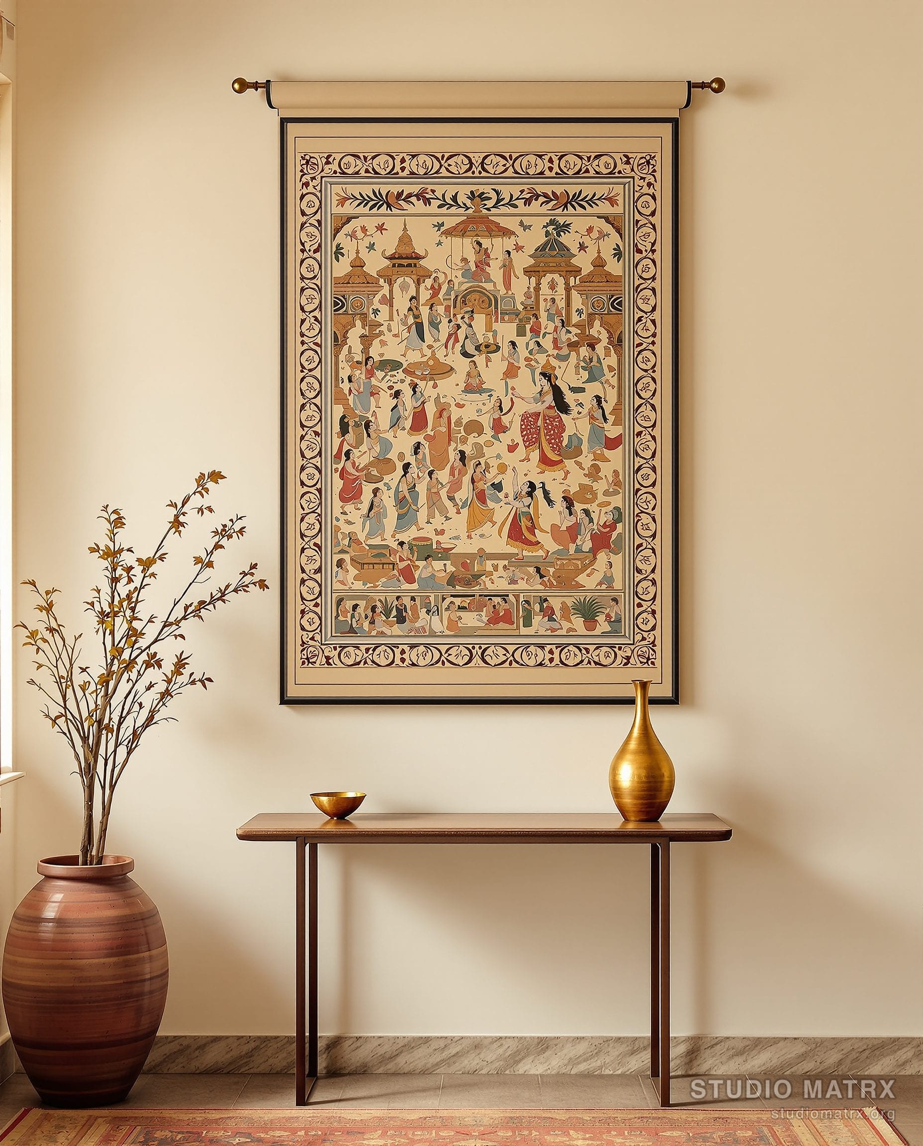 Pattachitra Krishna Leela — Warm White Wall