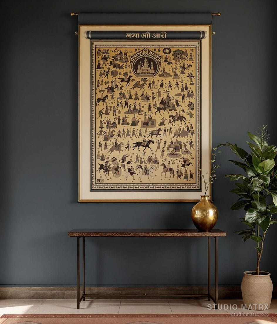 Rajasthani Phad Scroll — Charcoal Wall