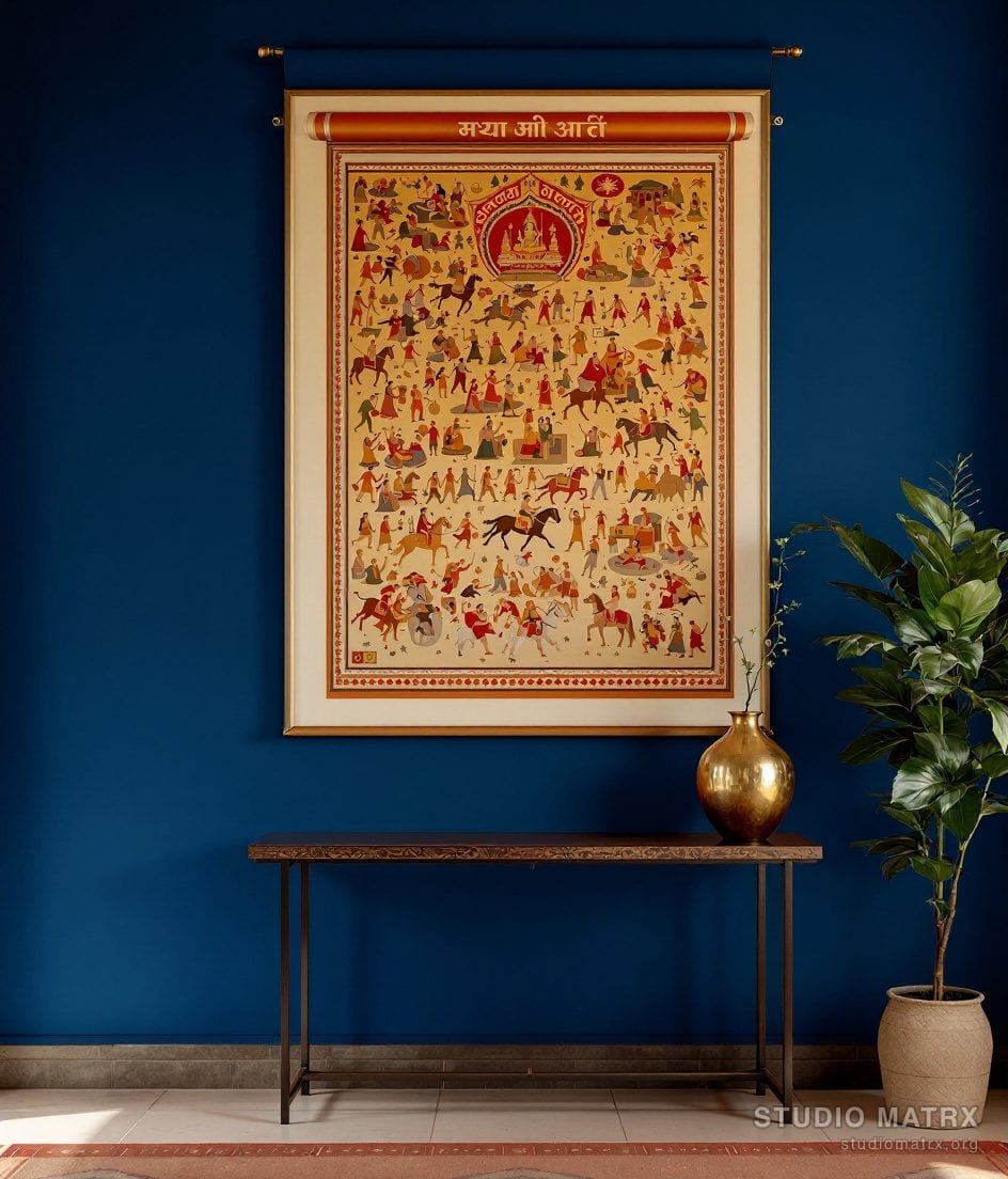 Rajasthani Phad Scroll — Navy Wall