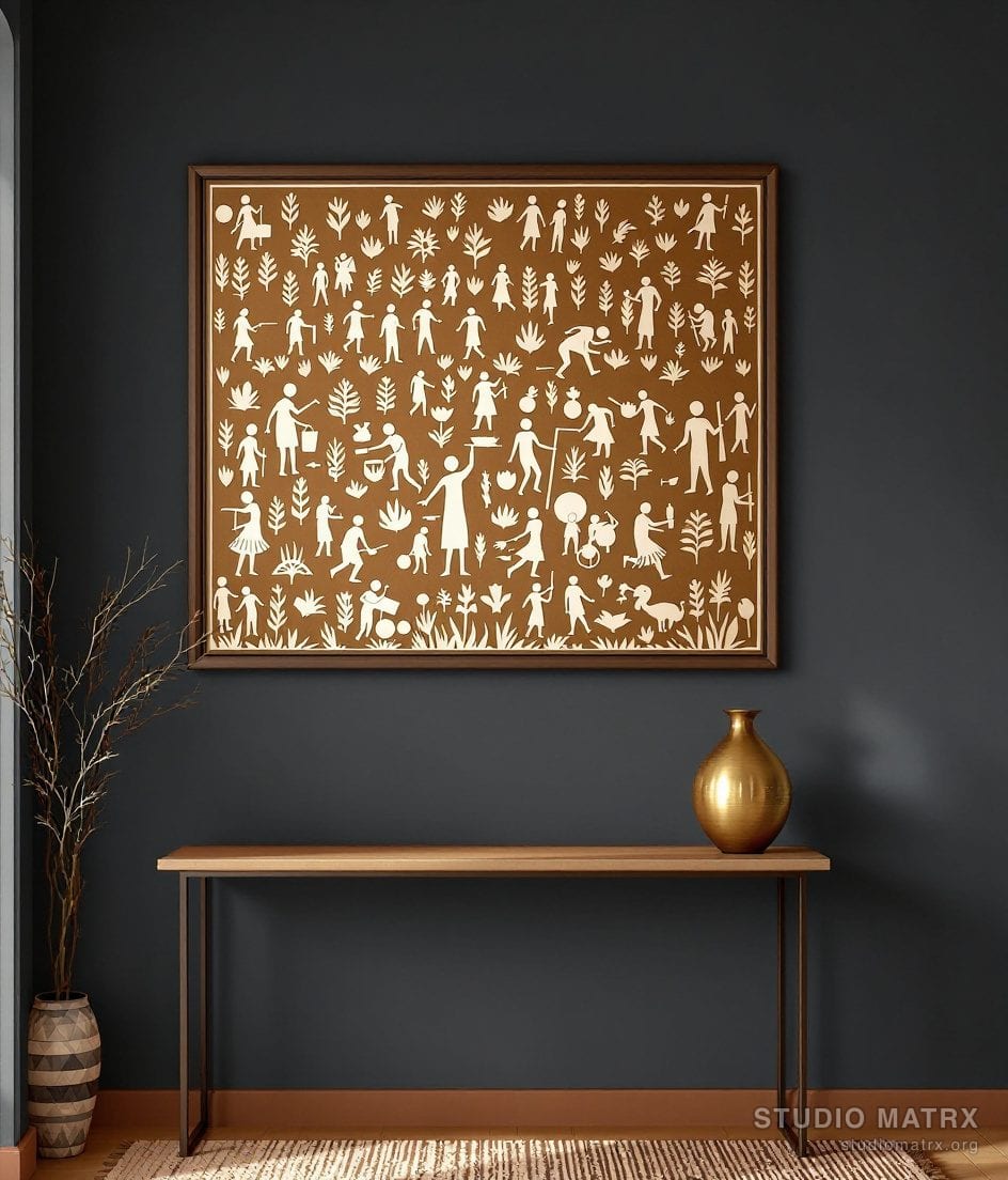 Warli Harvest Scene — Charcoal Wall