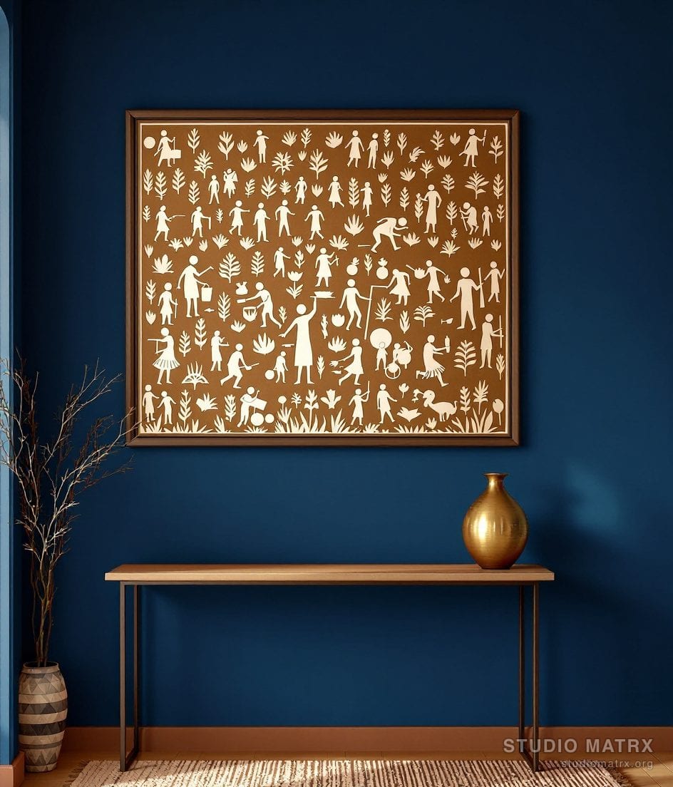 Warli Harvest Scene — Navy Wall