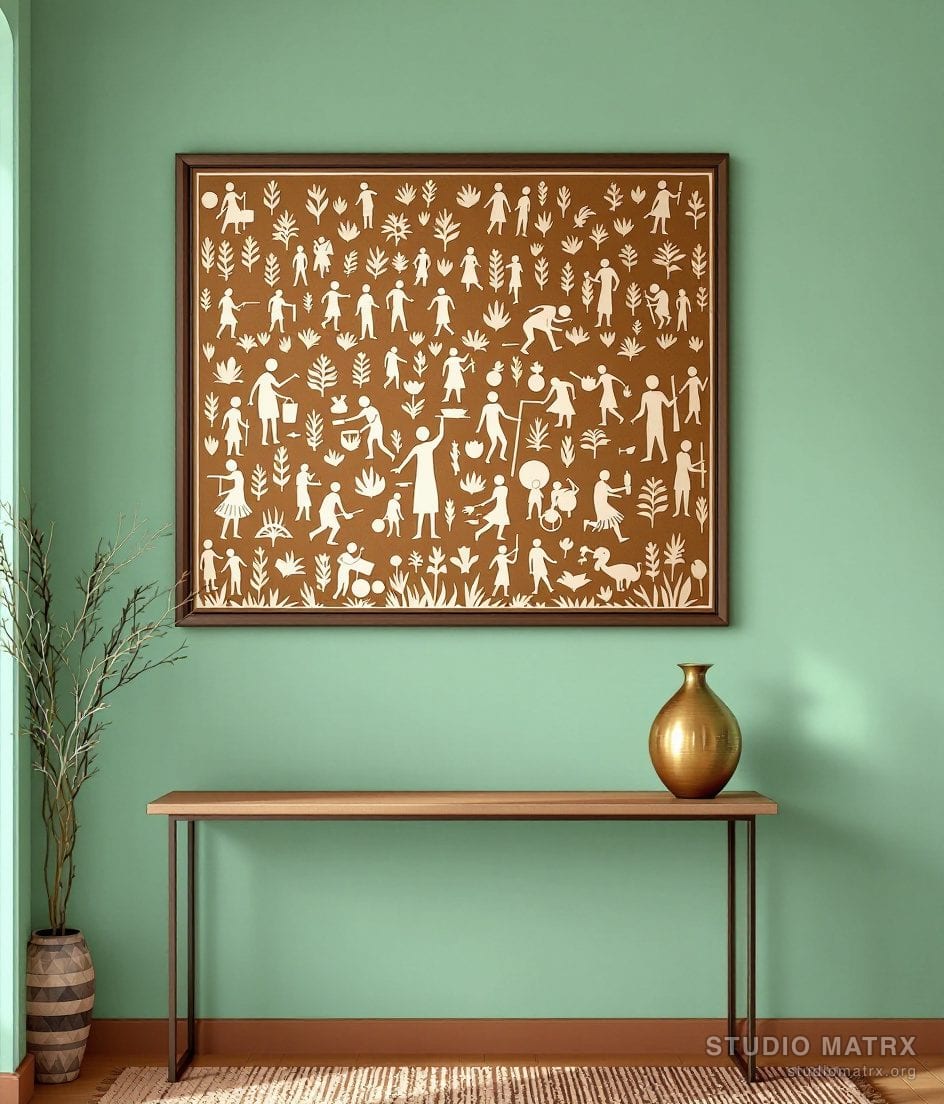 Warli Harvest Scene — Sage Wall