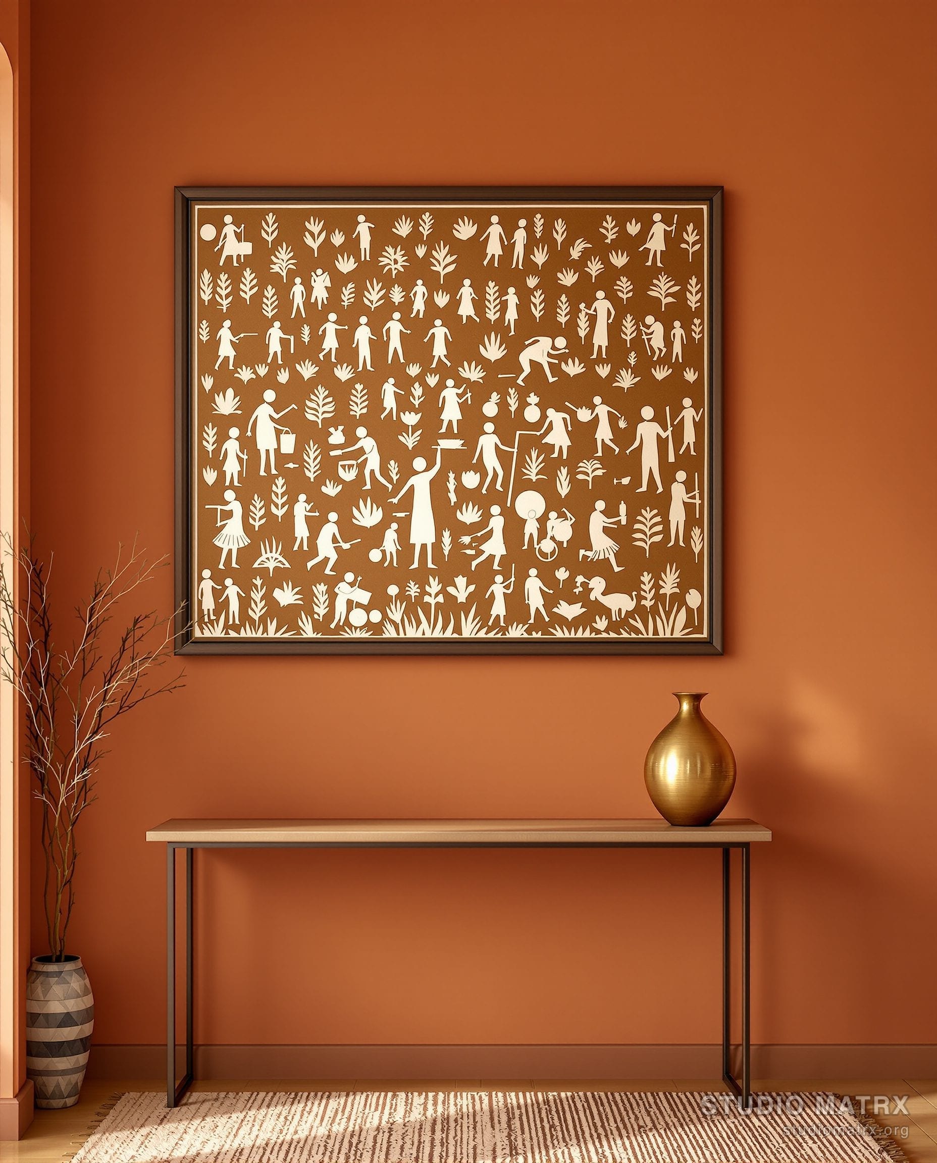 Warli Harvest Scene — Terracotta Wall