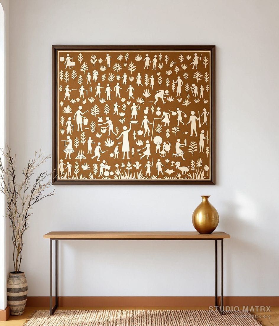 Warli Harvest Scene — Warm White Wall