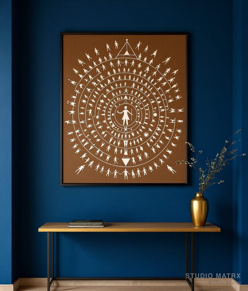 Warli Tarpa Dance Circle — Navy Wall