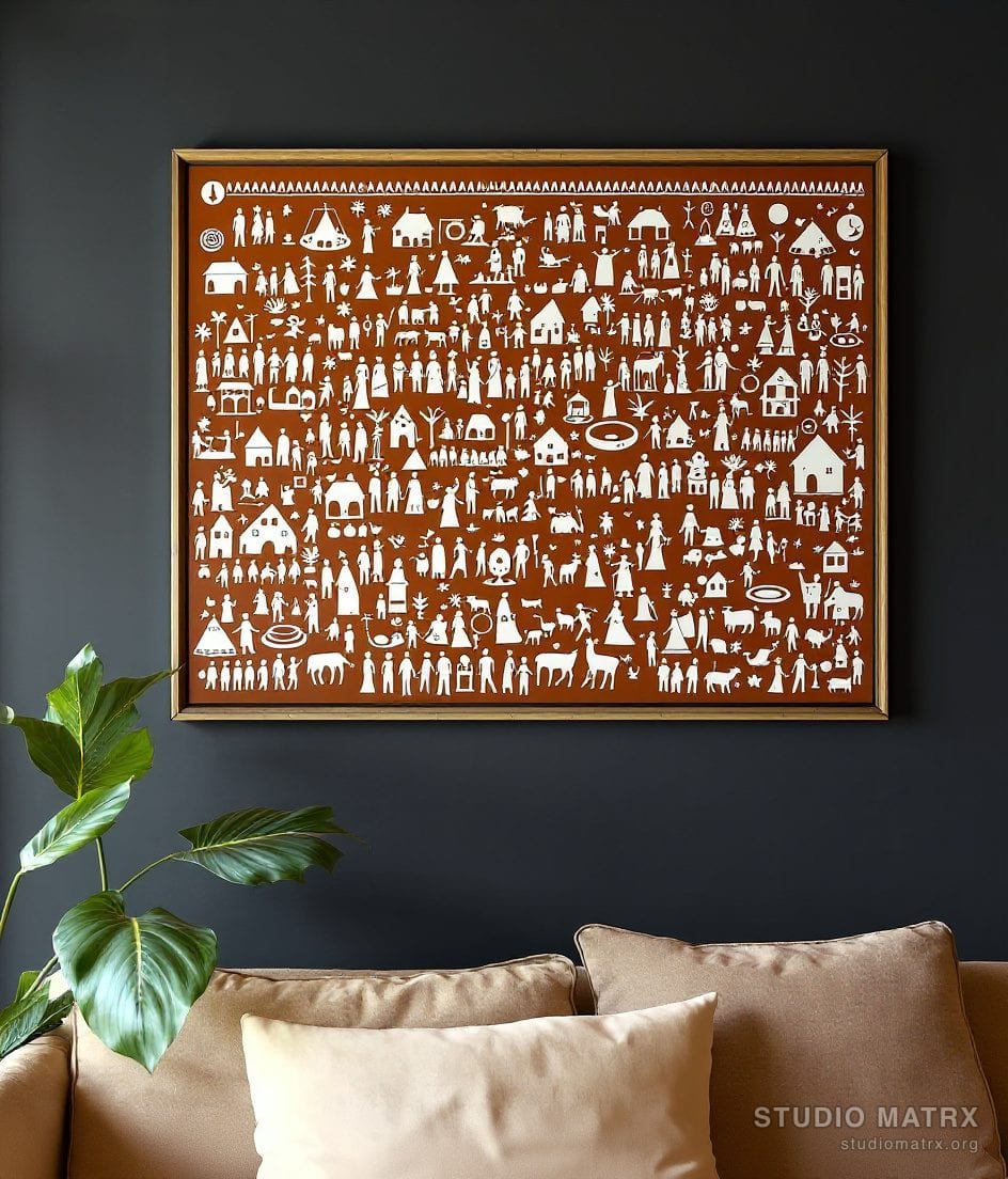 Warli Village Life Panel — Charcoal Wall