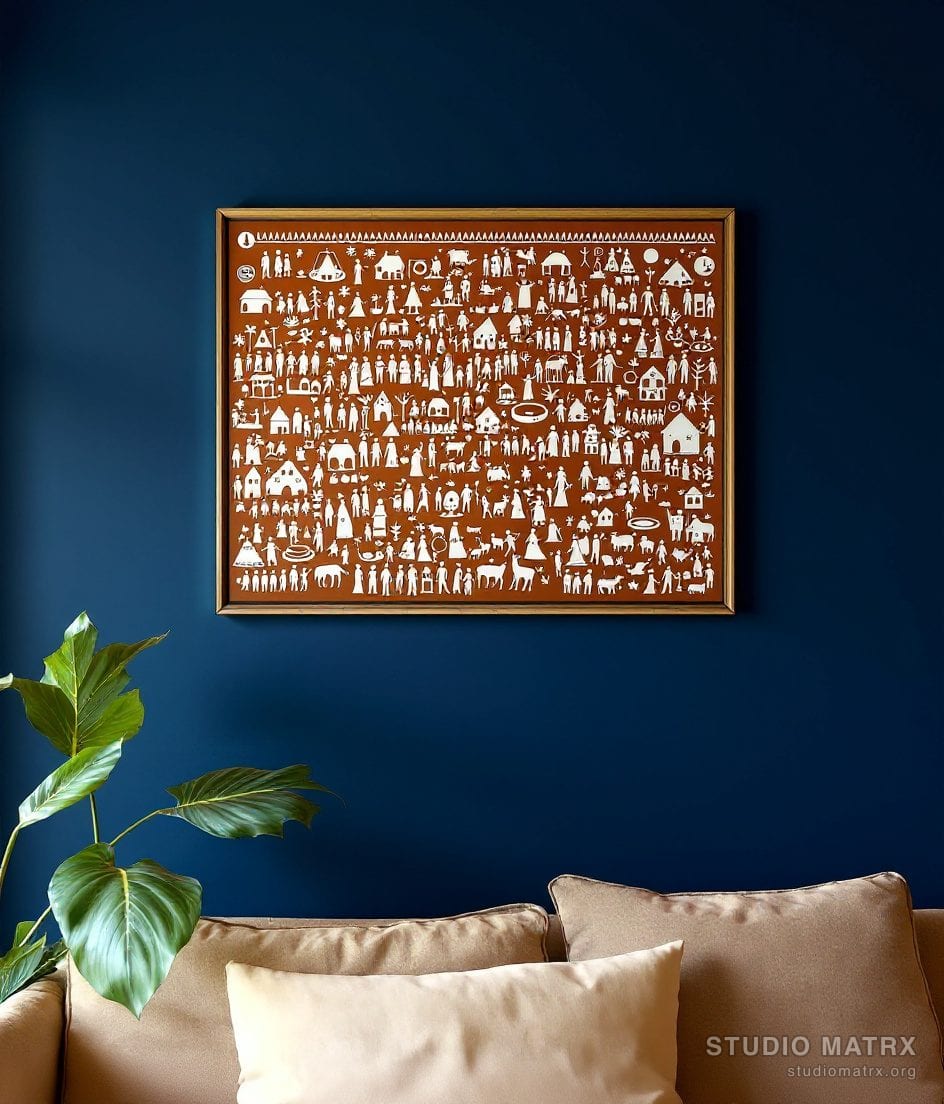 Warli Village Life Panel — Navy Wall