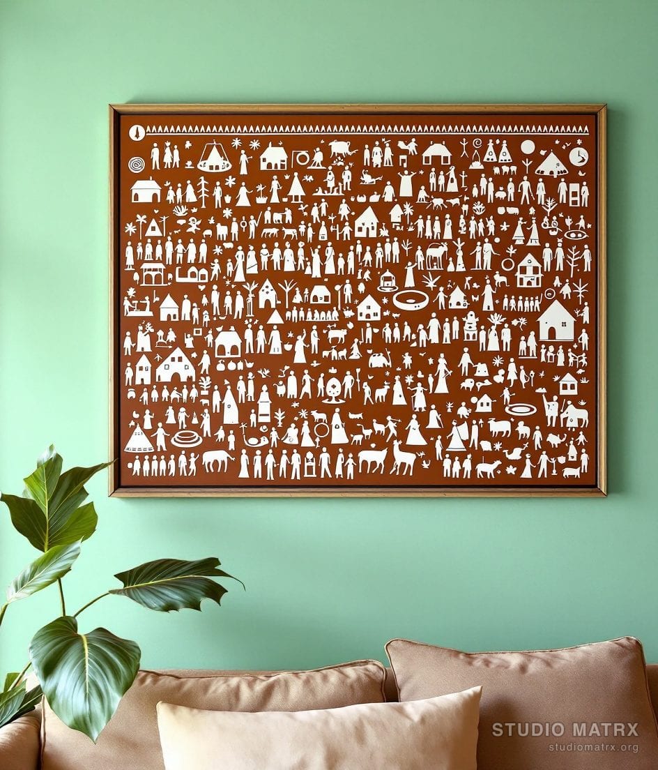 Warli Village Life Panel — Sage Wall