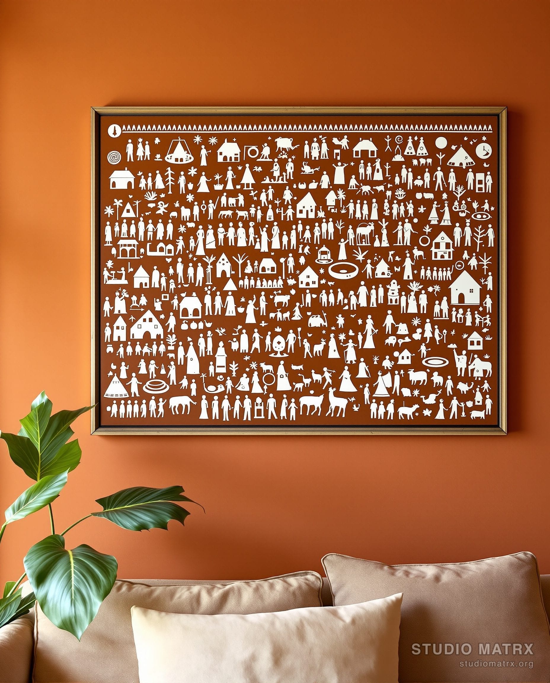 Warli Village Life Panel — Terracotta Wall