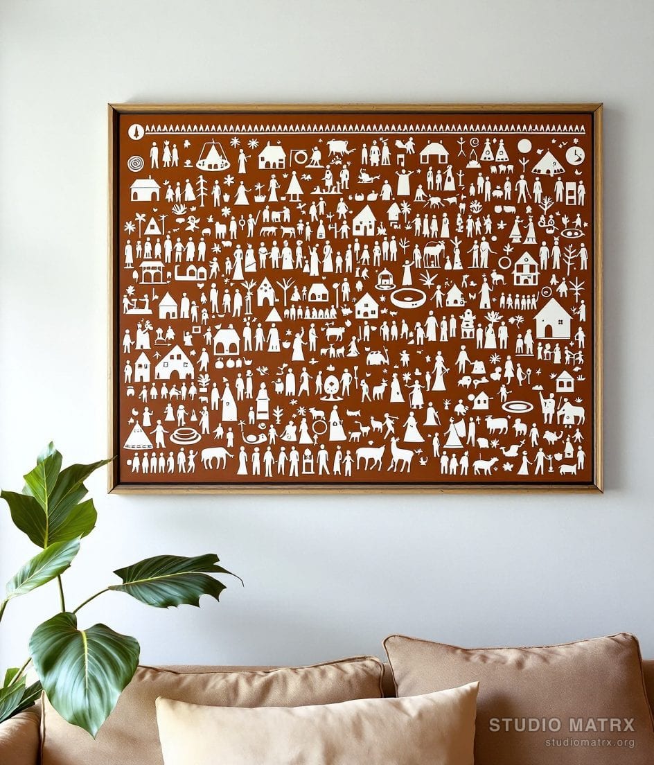 Warli Village Life Panel — Warm White Wall