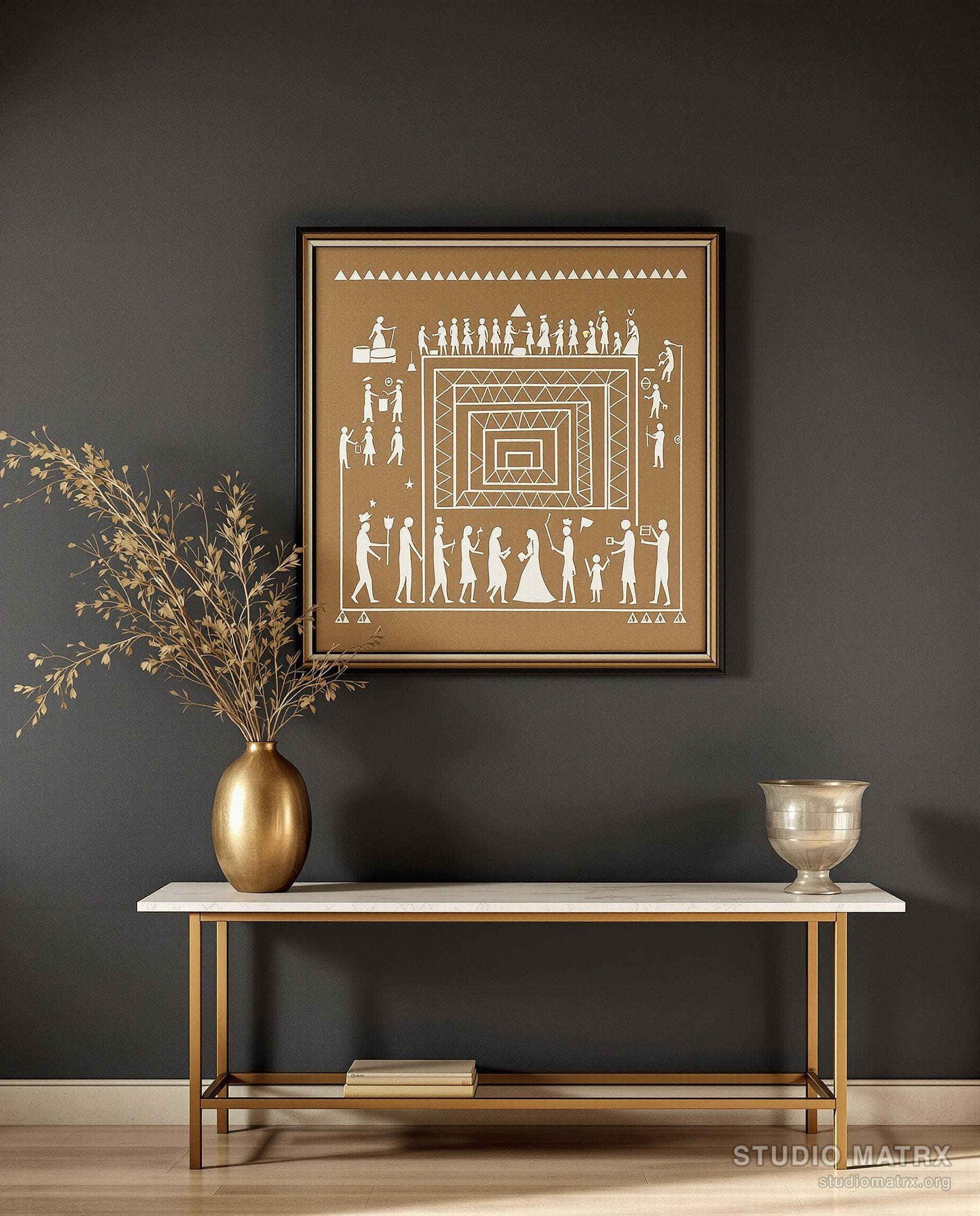 Warli Wedding Procession — Charcoal Wall