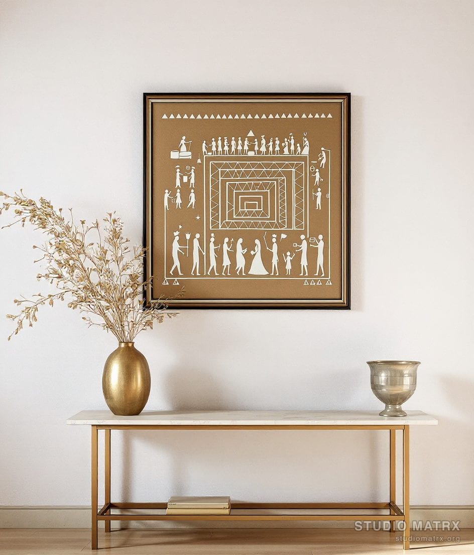 Warli Wedding Procession — Warm White Wall