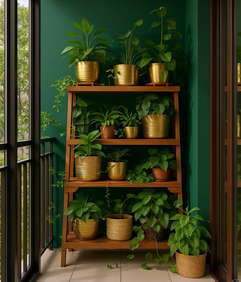 Balcony Tiered Plant Shelf — Brass & Deep Green
