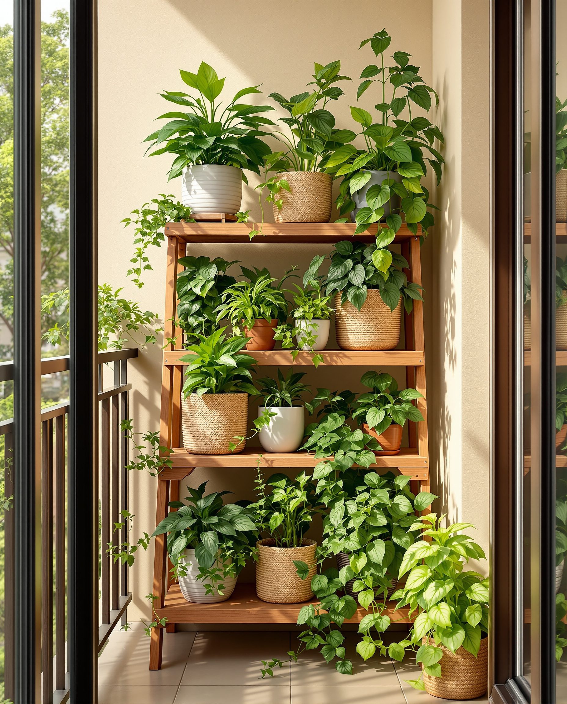 Balcony Tiered Plant Shelf — Rattan & Oatmeal