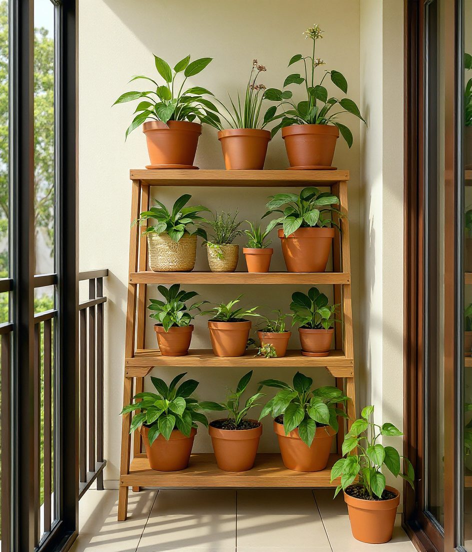 Balcony Tiered Plant Shelf — Terracotta & Warm White