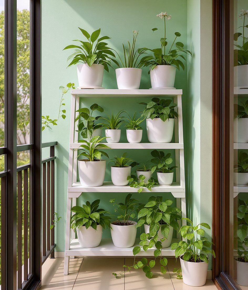 Balcony Tiered Plant Shelf — White Ceramic & Sage