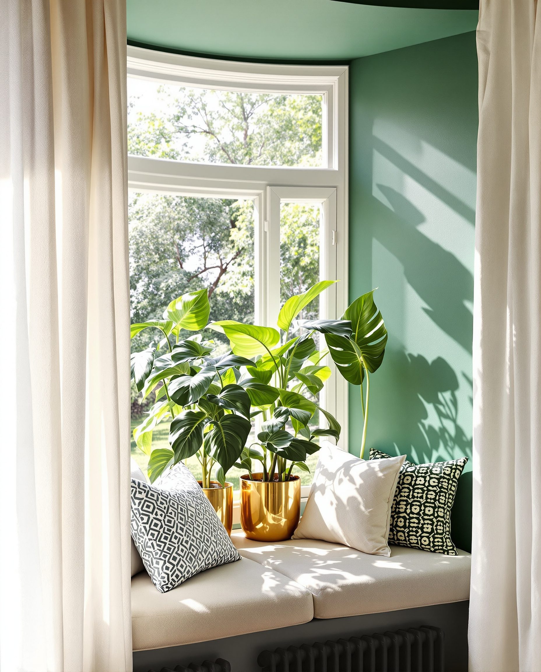 Bay Window Plant Display — Brass & Deep Green