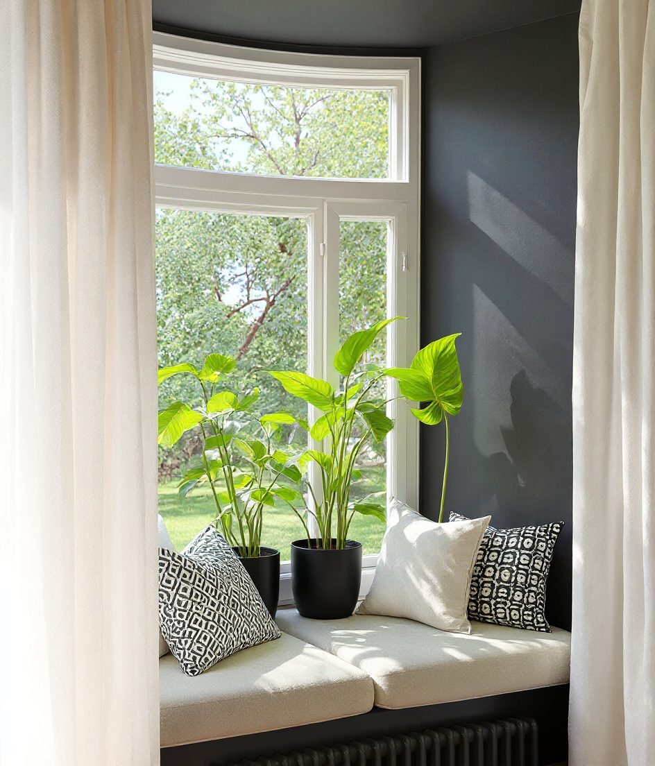 Bay Window Plant Display — Charcoal & Stone