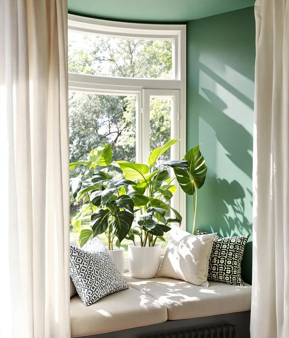 Bay Window Plant Display — White Ceramic & Sage