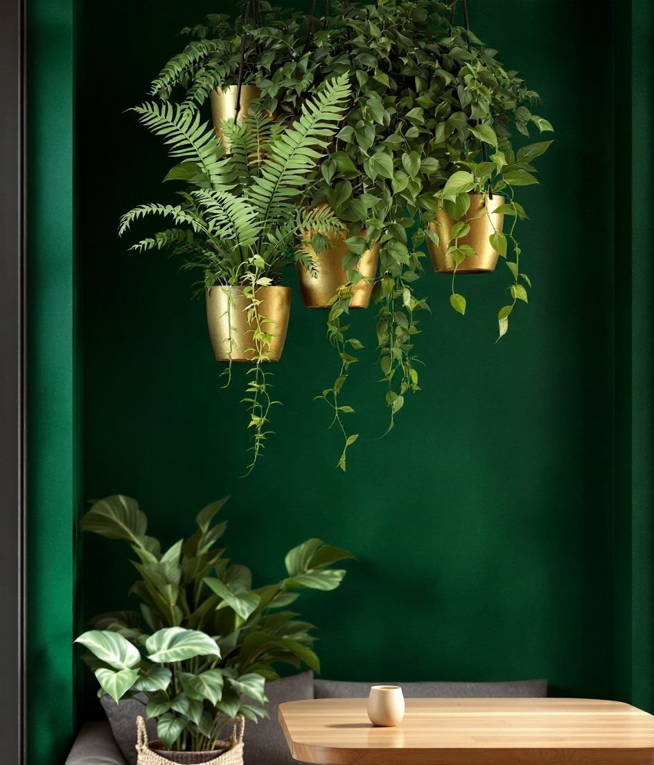 Ceiling Hung Plant Cluster — Brass & Deep Green