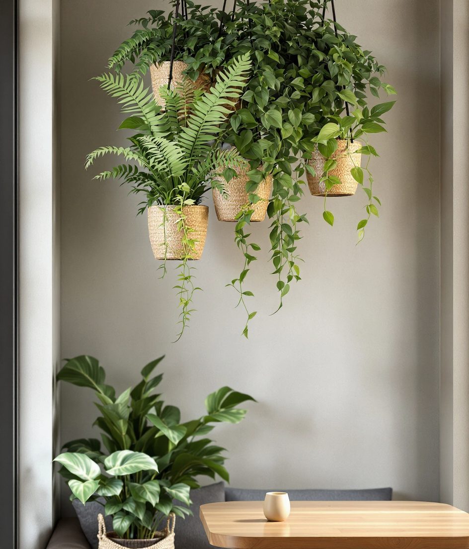 Ceiling Hung Plant Cluster — Rattan & Oatmeal