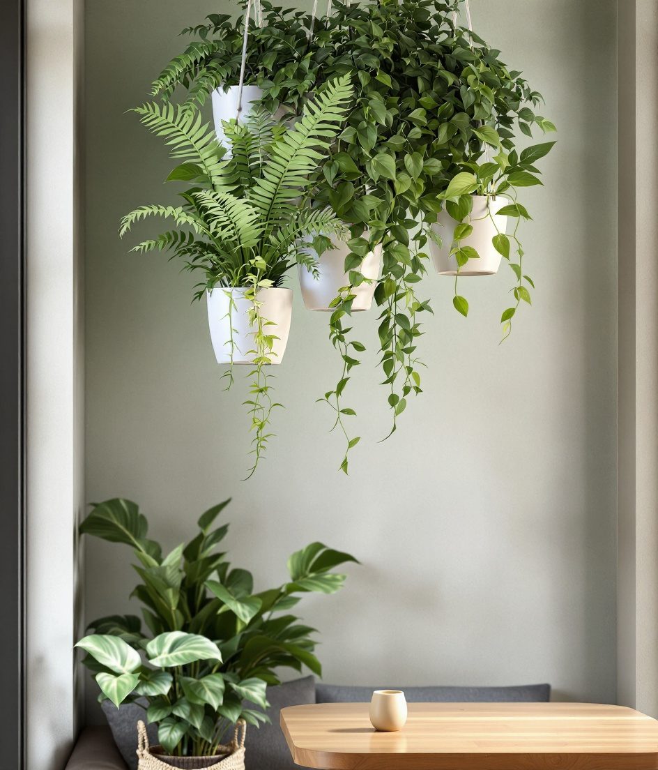 Ceiling Hung Plant Cluster — White Ceramic & Sage