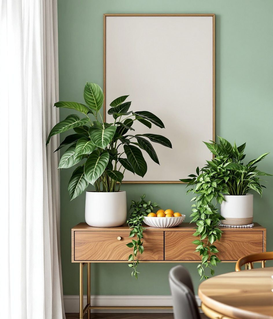 Dining Area Plant Corner — White Ceramic & Sage