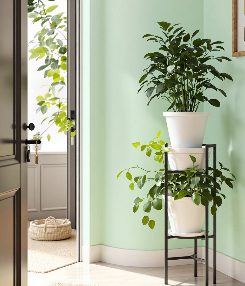 Entryway Plant Stand — White Ceramic & Sage