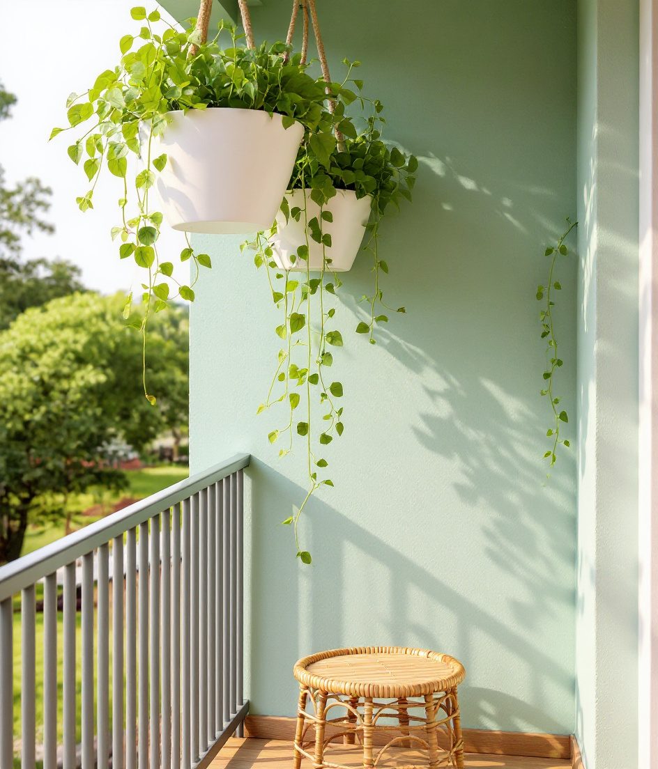 Hanging Baskets Balcony — White Ceramic & Sage