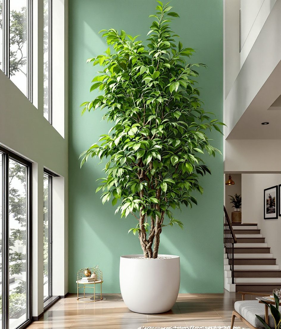 Indoor Tree Double Height — White Ceramic & Sage