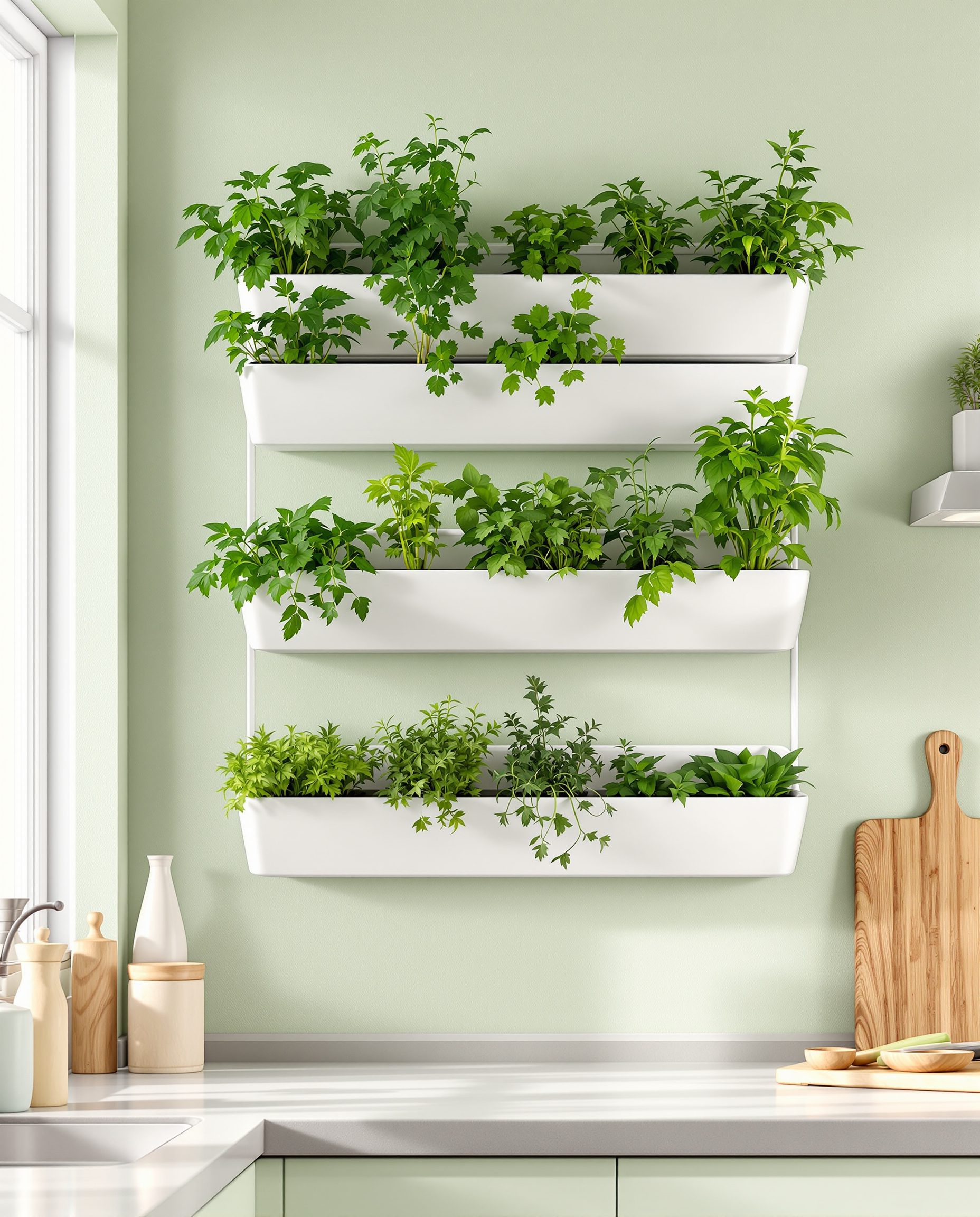 Kitchen Herb Wall — White Ceramic & Sage