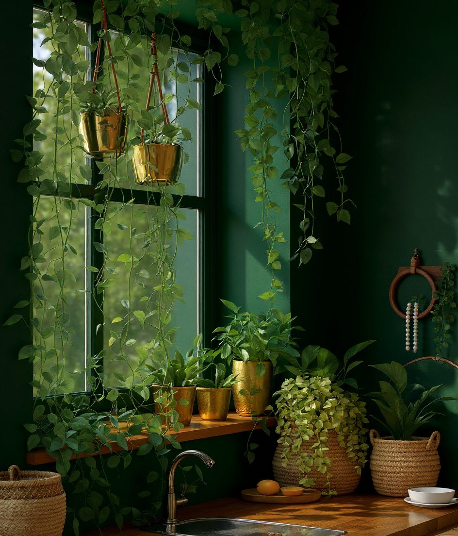 Kitchen Window Greenery — Brass & Deep Green