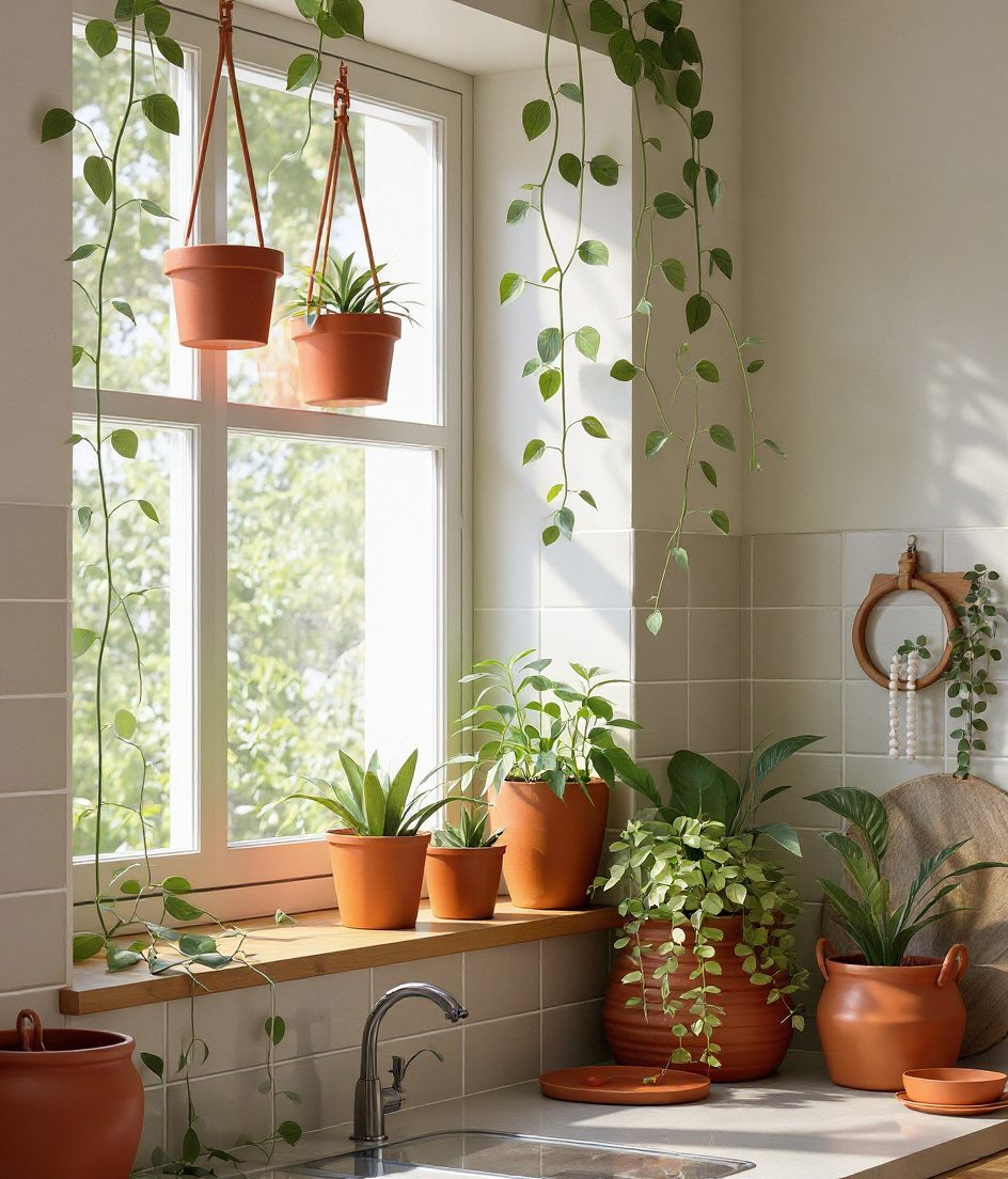 Kitchen Window Greenery — Terracotta & Warm White