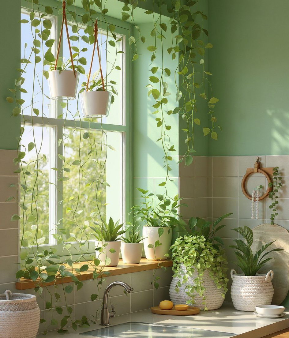 Kitchen Window Greenery — White Ceramic & Sage