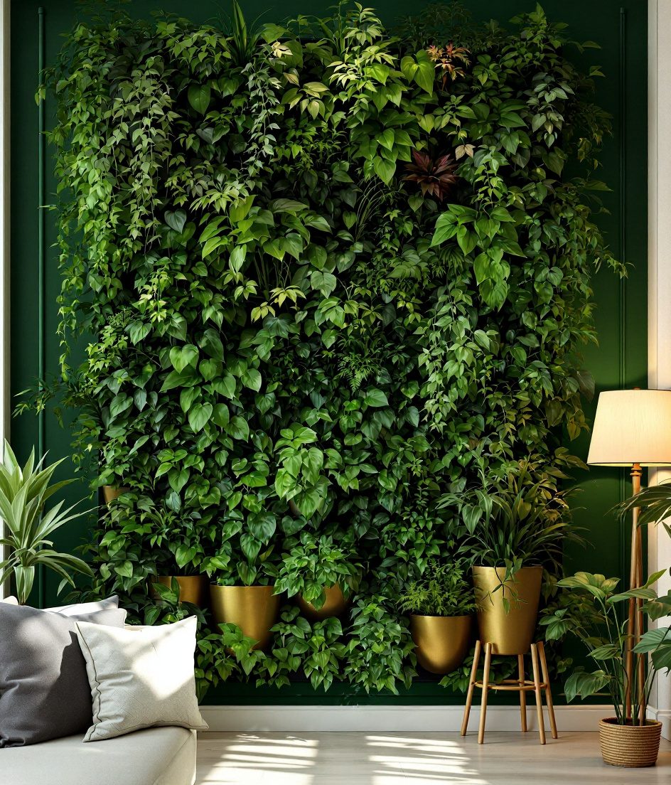 Living Room Vertical Garden — Brass & Deep Green
