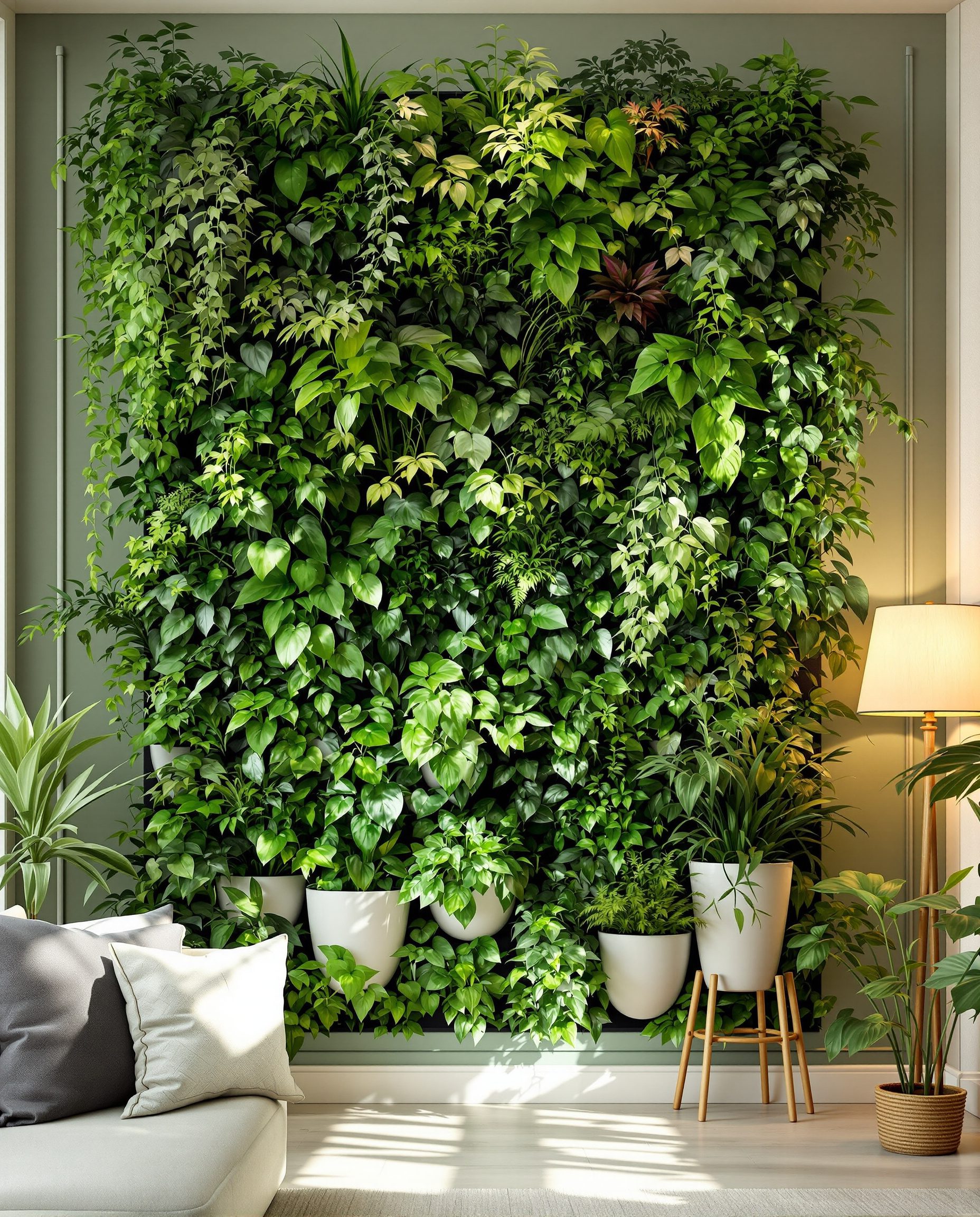 Living Room Vertical Garden — White Ceramic & Sage