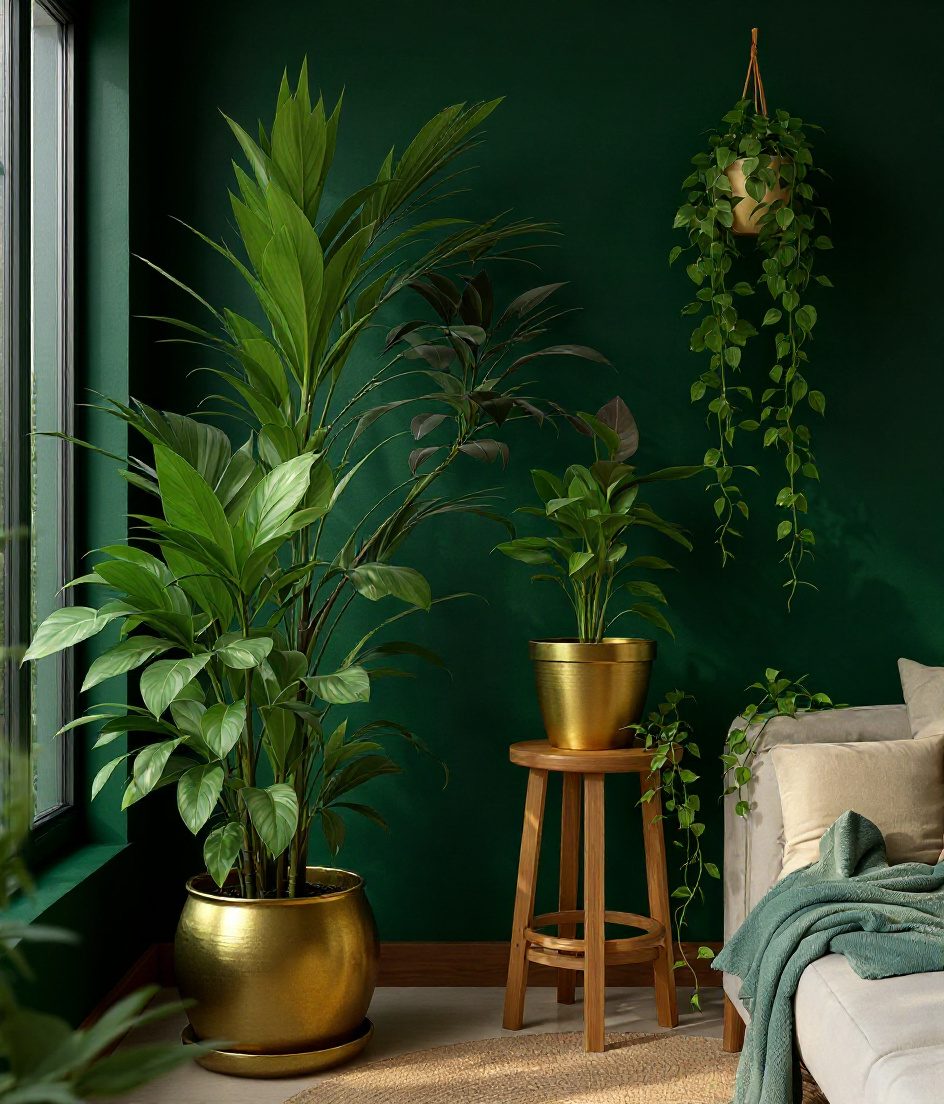 Lush Living Room Plant Corner — Brass & Deep Green