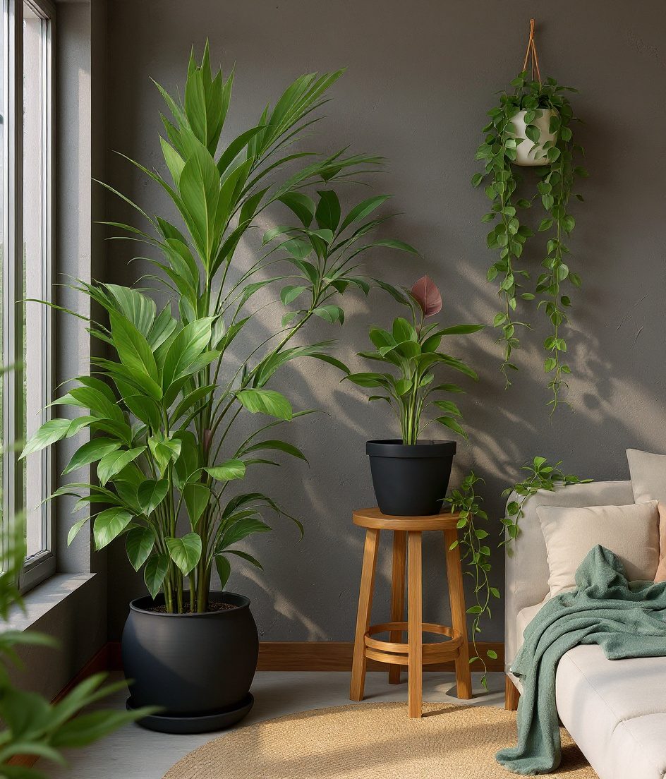 Lush Living Room Plant Corner — Charcoal & Stone
