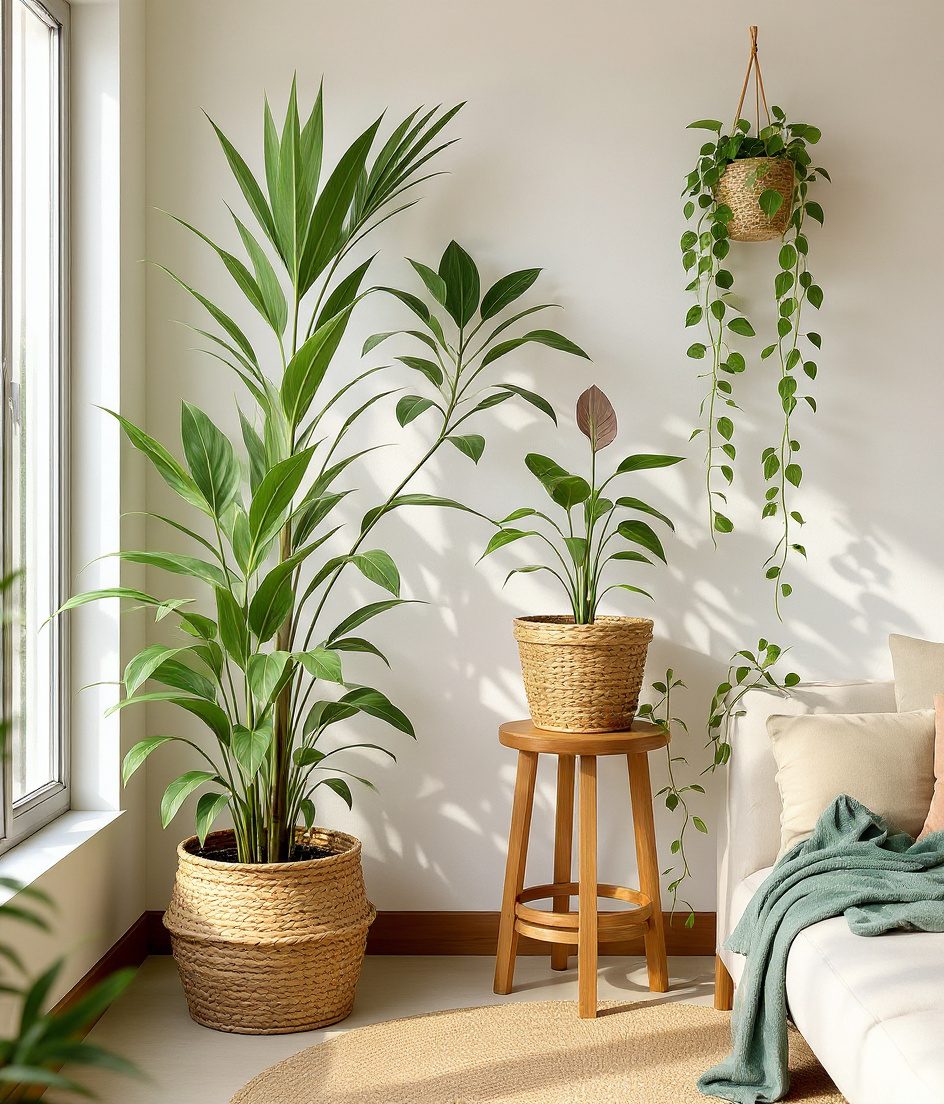 Lush Living Room Plant Corner — Rattan & Oatmeal