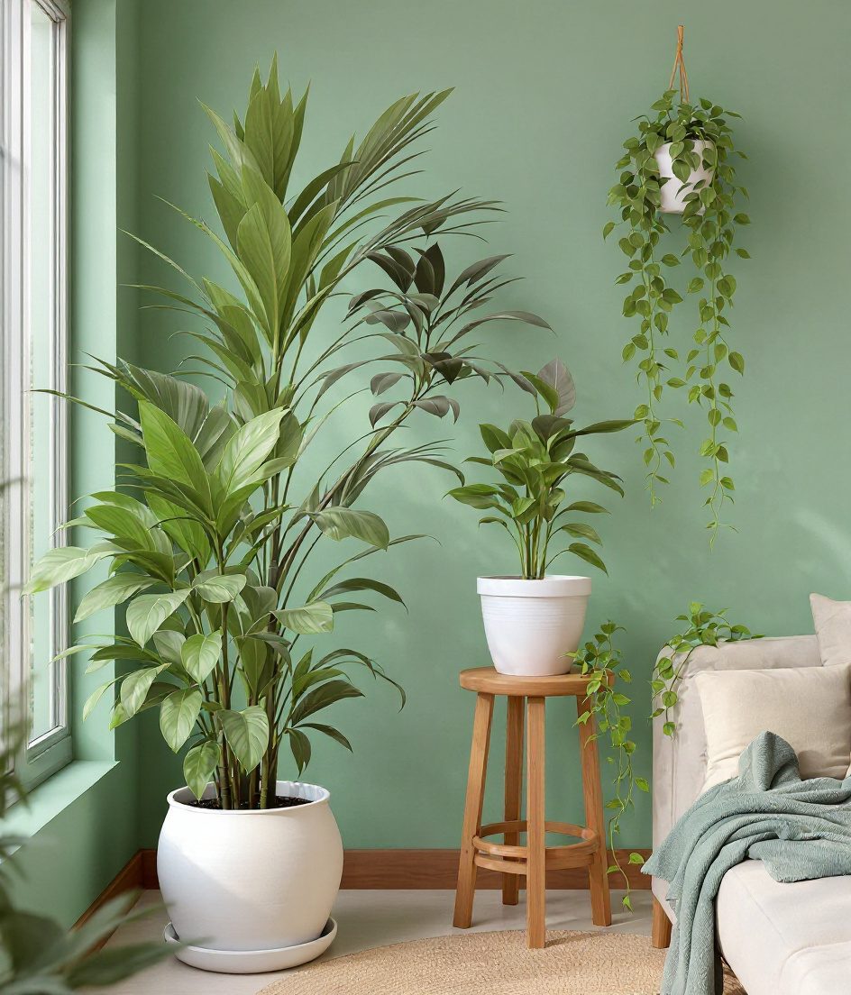 Lush Living Room Plant Corner — White Ceramic & Sage